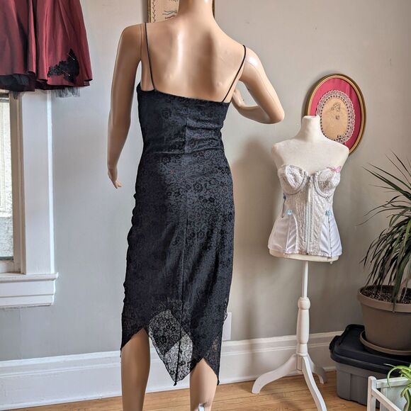 Vintage 90s Byer Too Black Midi Dress Cocktail Floral Glitter Whimsygoth Size M - Picture 4 of 16